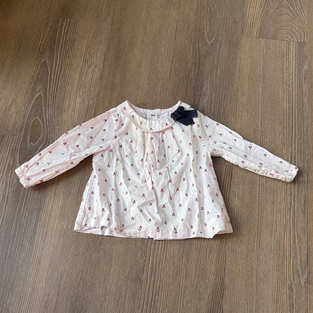 Jacadi baby girl cherry print collared blouse with bow embellishment size 6m